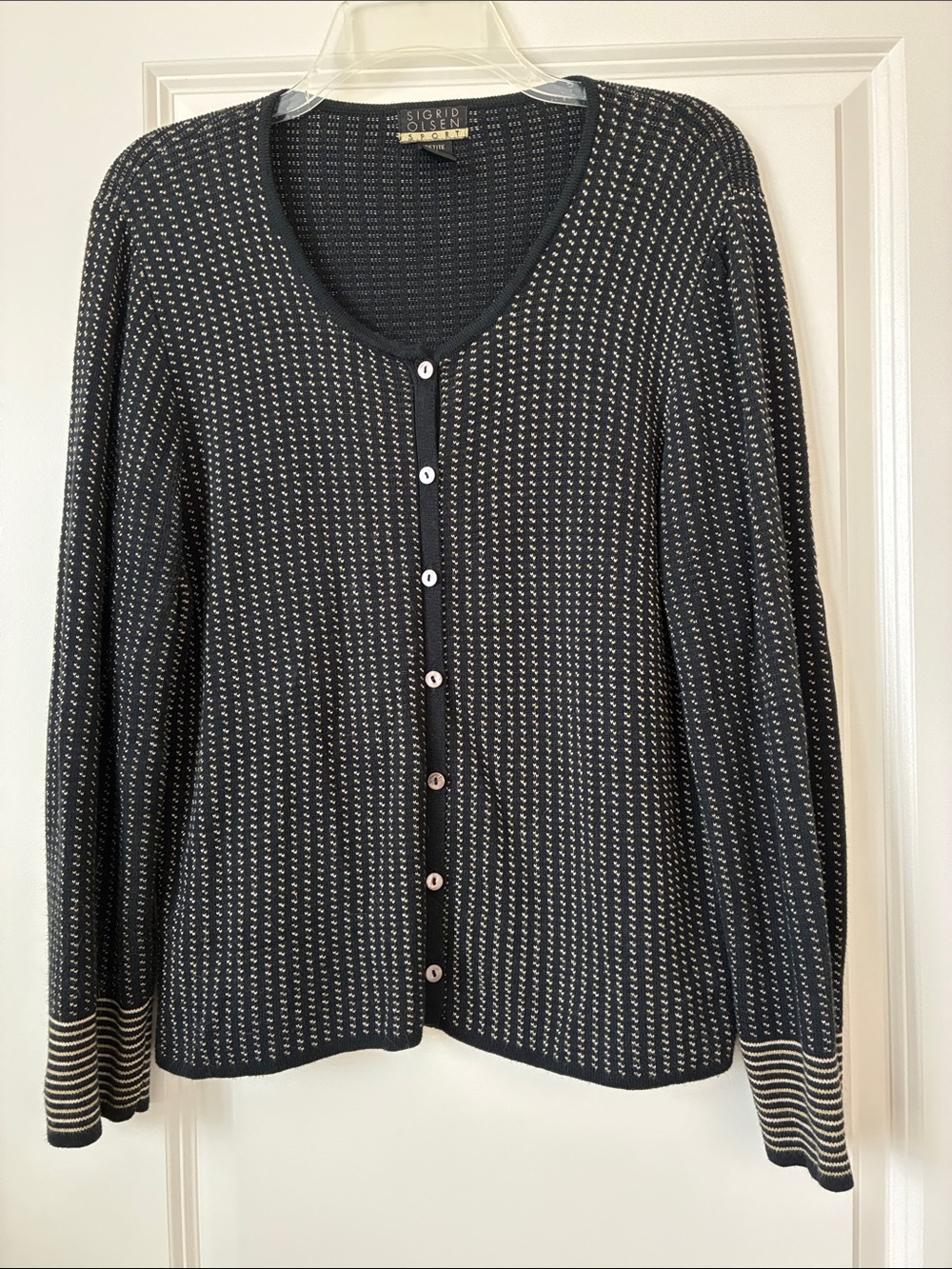 Sigrid Olsen Black and Cream Button-Up Knit Cardigan